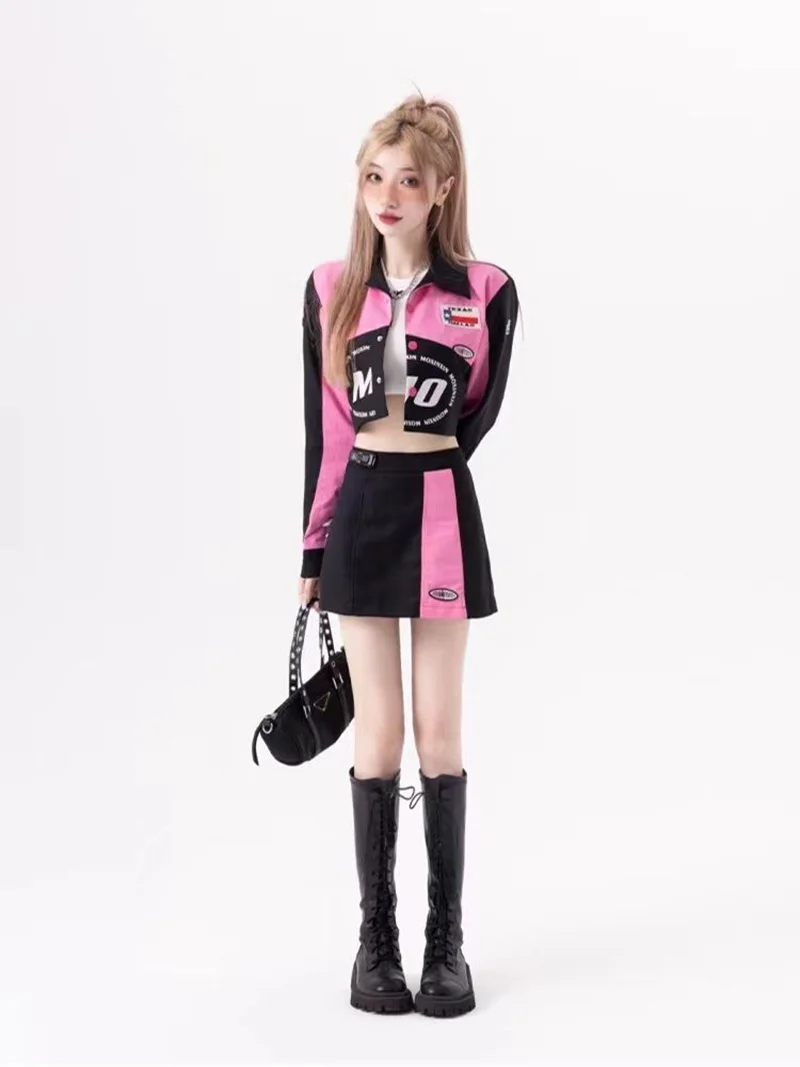 

Hot Girl Y2K Streetwear Locomotive Contrast Color Matching Harajuku Punk Gothic Spring Autumn Mini Short Embroidered Jacket Top