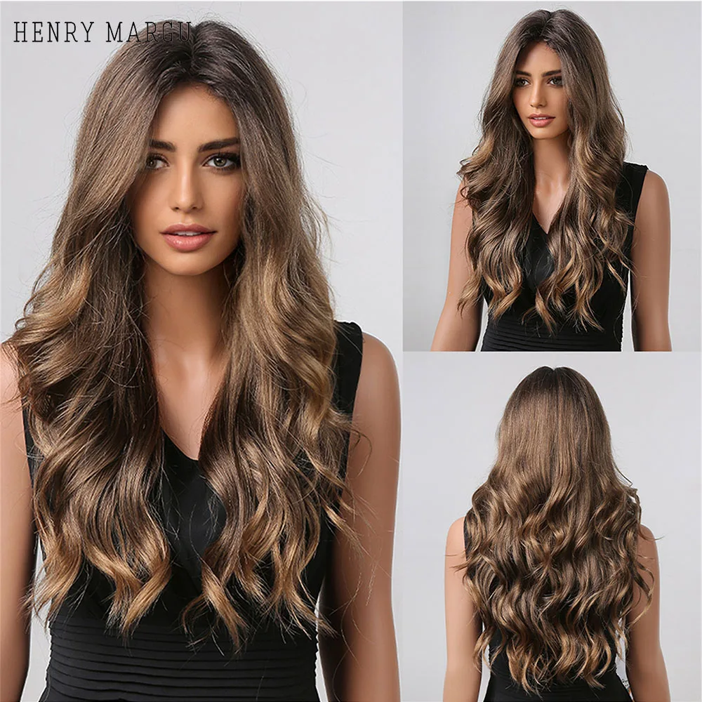

HENRY MARGU Dark Brown Blonde Ombre Synthetic Wigs Long Wavy Highlight Wig for Women Cosplay Natural Hair Wigs Heat Resistant