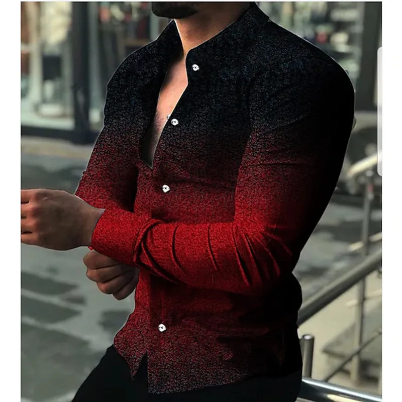 2023 New Men Shirts Turn-down Print Long Sleeve Shirt Casual Gradient  Tops Mens Hip Hop Clothes Prom Party Cardigan