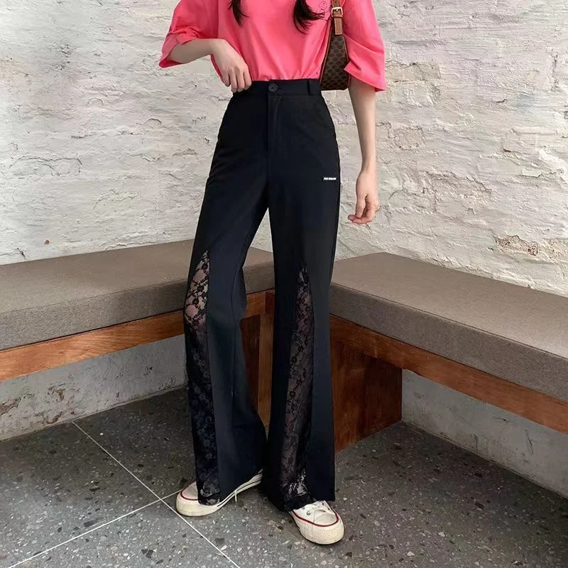 

Women's Sexy Lace Suit Pants Full-Length Pants High Waist Fashion Button Lady Women Loose Stretch Wide Leg Hollow out Black Pant