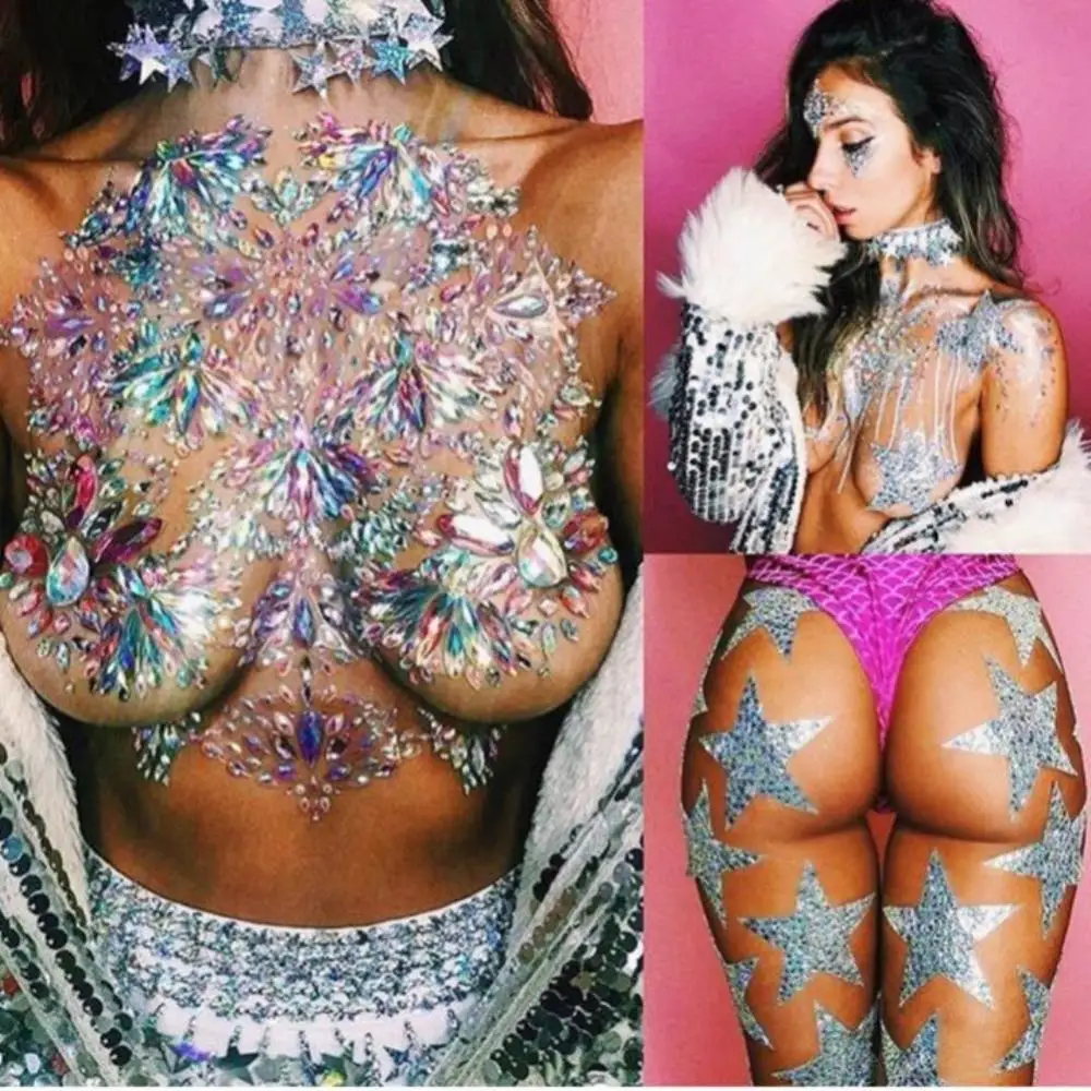 

2 Pcs Temporary Women's Tattoos Fake Tattoo Sticker Sexy Chest Crystal Resin Drill Stickers Music Festival Makeup Chest Stickers