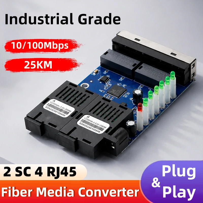 Фото Медиаконвертер Ethernet BYXGD 2F4E 2 SC 4 RJ45 BIDI 25 км, Plug & Play, 10/100 Мбит/с, с автоматической согласовкой скорости, для систем видеонаблюдения, NVR, IP-камер и сетей №1