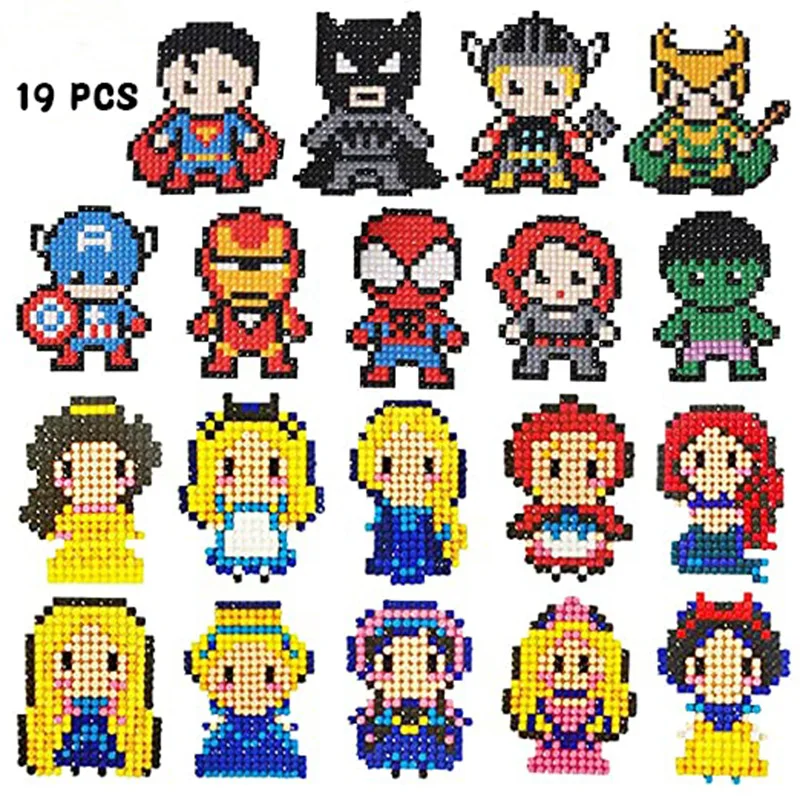 

19Pcs 5D Diamond Painting Stickers Princess Super Hero Diamond Stickers for Kids Arts and Crafts Easy to DIY Creative for Kids