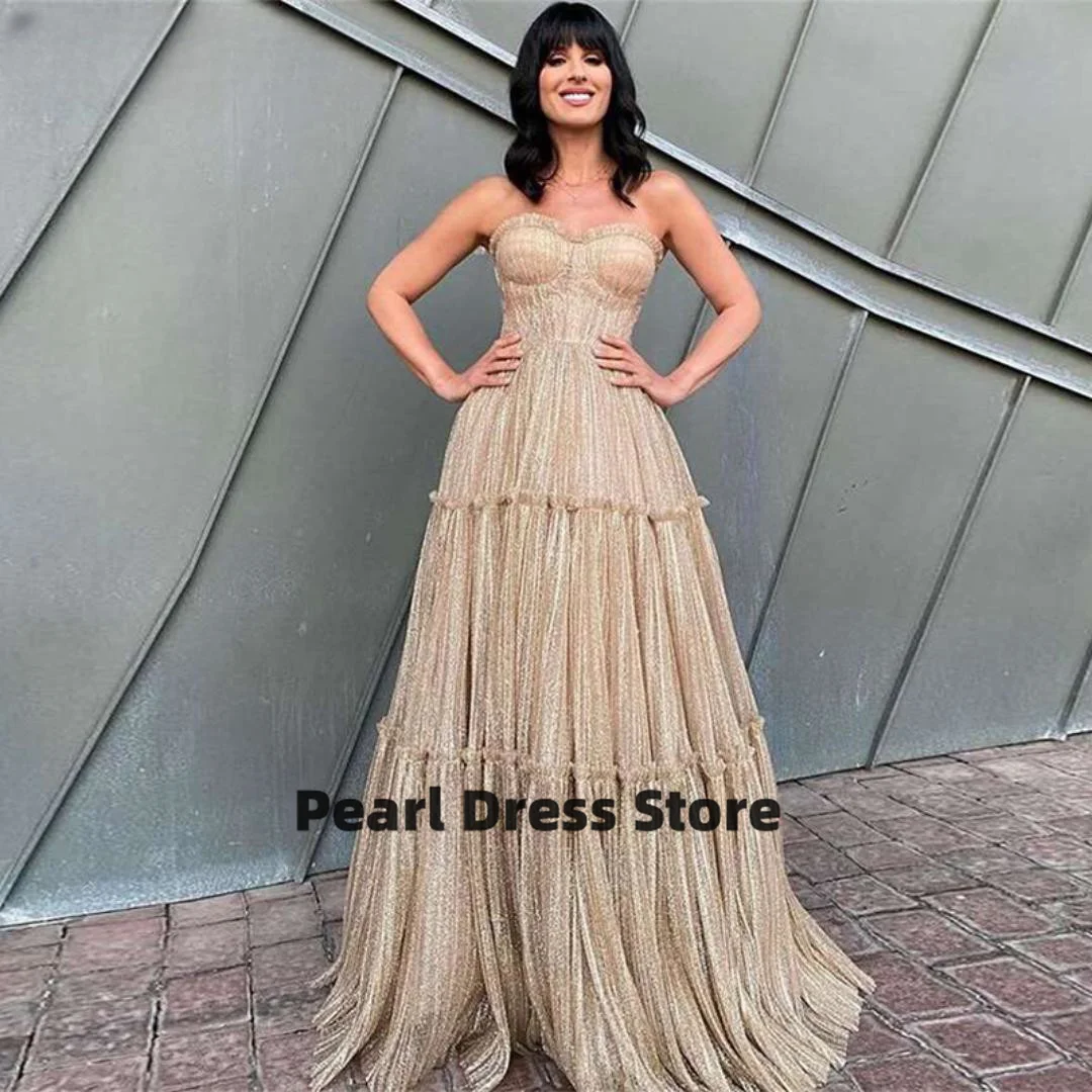 

Evening Gown Champagne Golden Scallion Tulle Strapless Blingbling Robe De Soiree Straight Layered Pleated Cake Tank Top