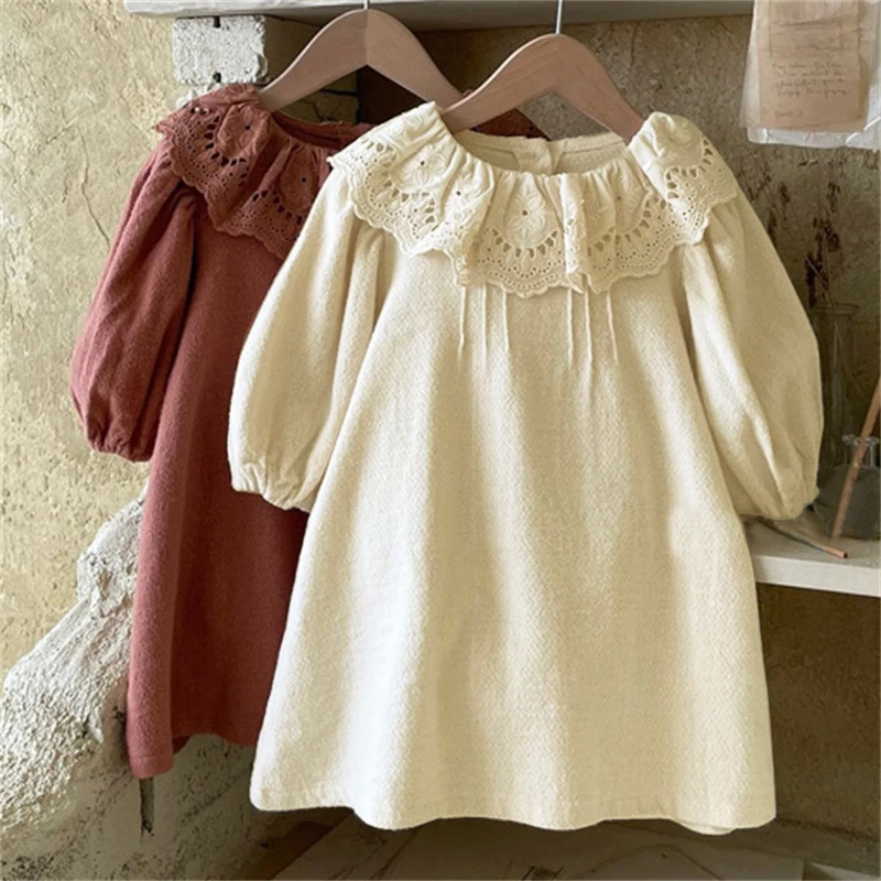 

HoneyCherry Autumn New Girl's Lace Lotus Leaf Lapel A-line Princess Dress Girls Clothes Flower Girl Dresses