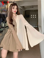 womens summer loose contrast color v neck button up shirt 2022 summer new french long sleeve mid length blouses streetwear