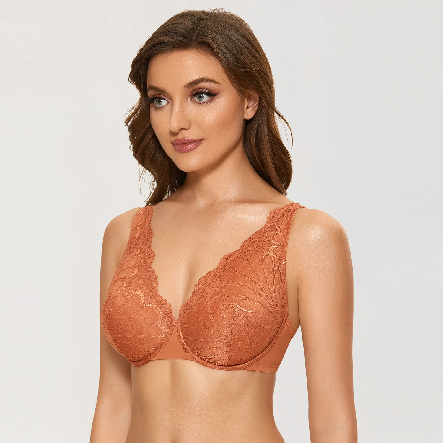 DOBREVA Women's V-neck Unlined Lace Bra Plus Size Underwire Bralette Sexy See Through Minimizer