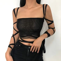 gothic fashion women black mesh tied bandage crop top y2k sexy clothing fairy grunge aesthetic high street clubwear outerwear