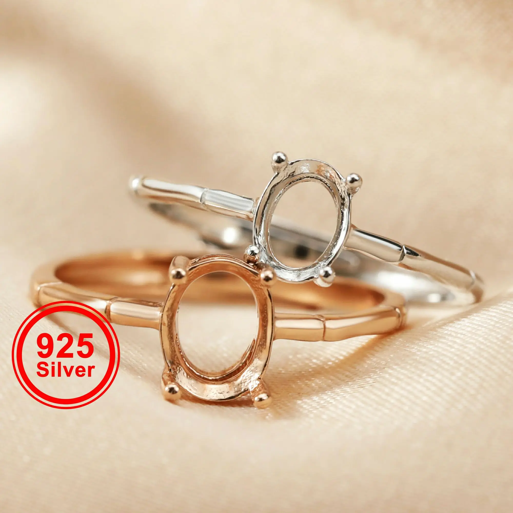 

Multiple sizes bamboo rose gold silver oval Gems CZ stone prong bezel solid 925 sterling silver adjustable ring settings 1224015