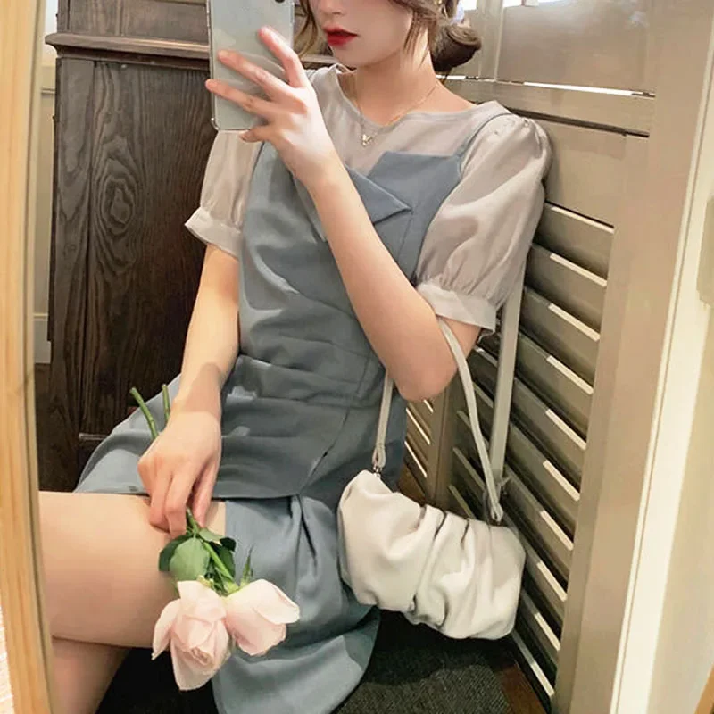 

Elegant Vintage Dresses Women Short Sleeve Basic Casual Dress Fake Two One Piece Dress Korean Office Ladies 2021 Summer Chic