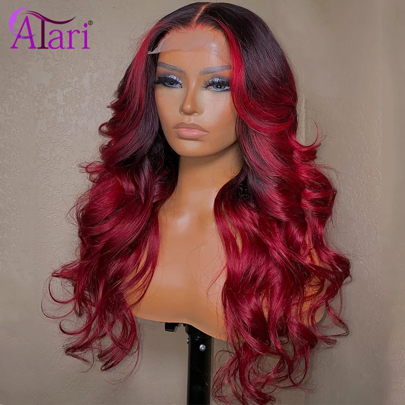 Transparent Dark Burgundy 13x6 Lace Frontal Wig Highlight Red Body Wave Lace Front Human Hair Wigs Pre Pluck Lace Closure Wig