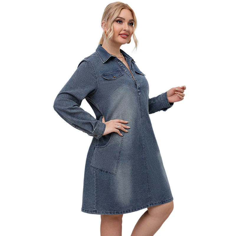 Spring Plus Size 3Xl 4Xl 5Xl Casual Denim Tunic Dress Women Above Knee Jeans Dress Women Denim Long Sleeve Distressed Jean Dress