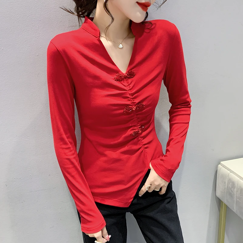 

Vintage Solid Long Sleeve Crop Top Women Split Slim 2022 Spring Autumn T Shirt Chinese Style Chic Streetwear Tshirts Tees
