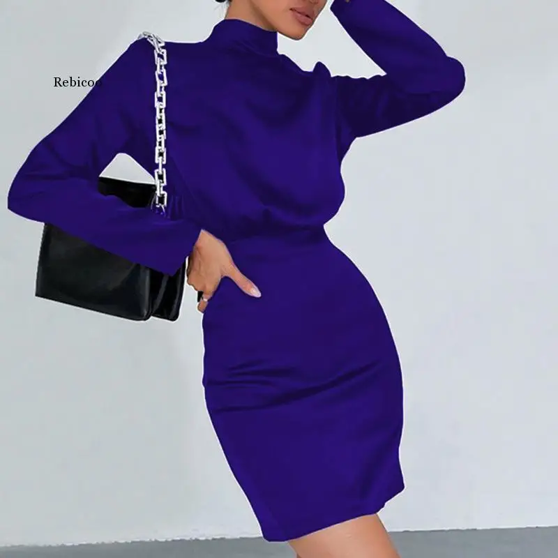 

Office Slim Folds Mini Dress Lady Elegant Solid Color Satin Commute Dress Women Sexy Turtleneck Backless Lace-Up Bow Party Dress