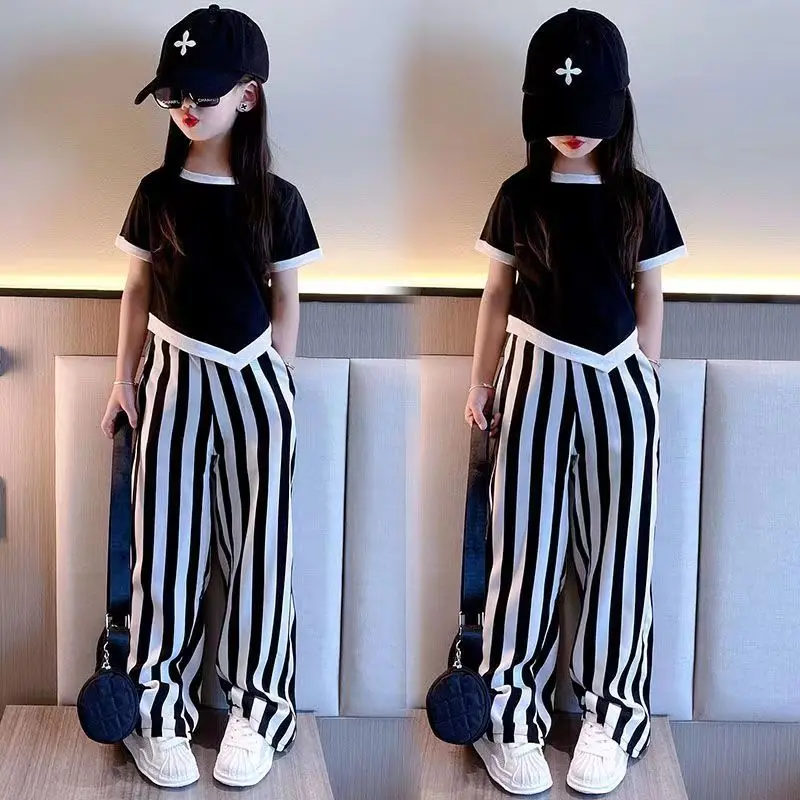 

Girls Summer Teen Children Irregular Short Sleeve Wide Leg Pants Suit Girls Loose Fashion T-Shirt Trousers Two-Piece Set 5-14 Ye