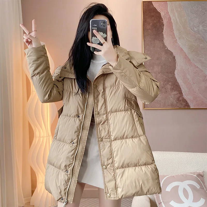 White Duck Down Jacket Winter Women High Quality Solid Long Single-breasted Elegance Warm Commute Belt Khaki Coat Jackets Parkas