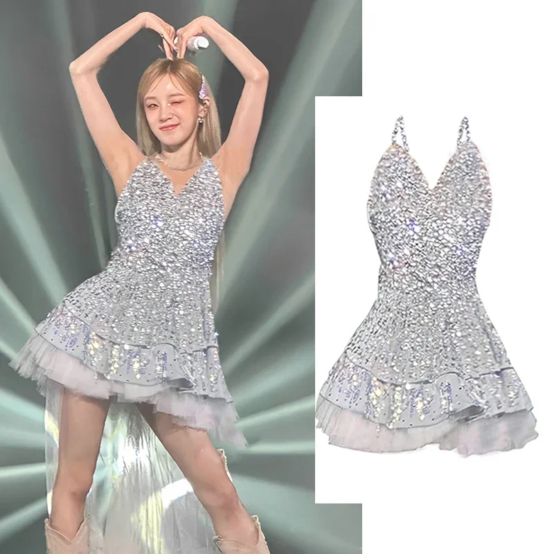 Блестящее Серебряное платье с блестками Женский костюм в стиле K-POP Satge женский