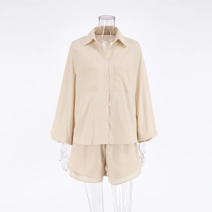 New Spring and Summer Women's Pure Cotton Pajama Suit Lantern Sleeve Long Sleeve+Shorts Casual Home Wear Two-Piece Set Sleepwear