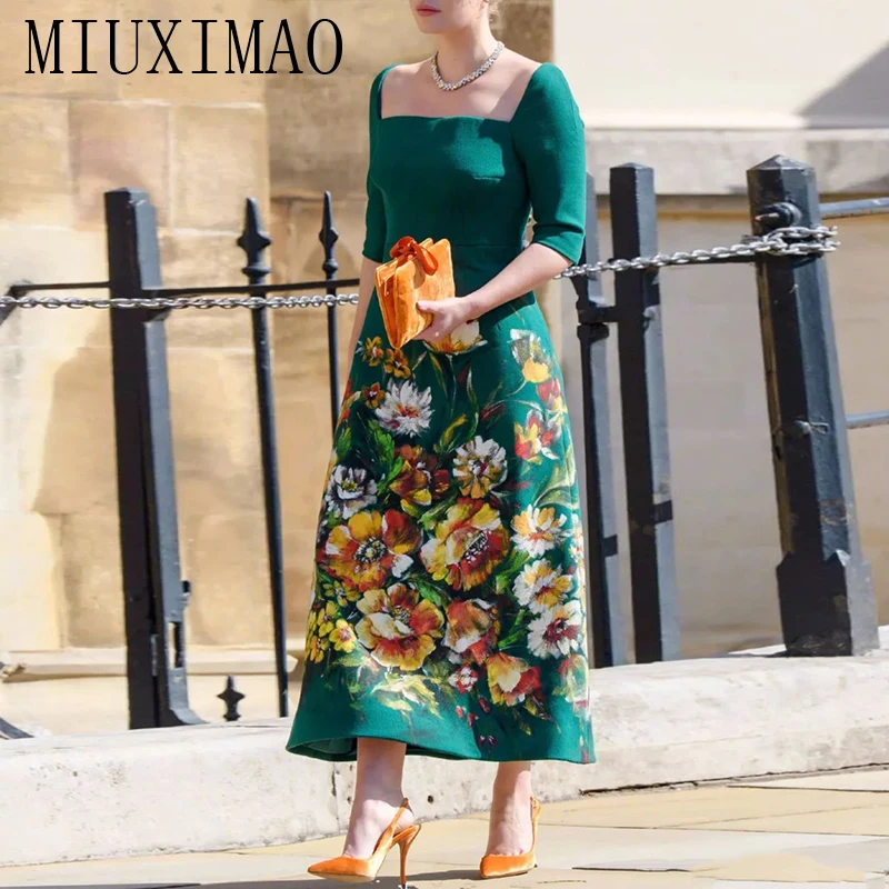 MIUXIMAO 2023 High Quality Spring&Summer Print Dress Short SleeveSquare-Neck Print Fashion Long Dress Women Vestide