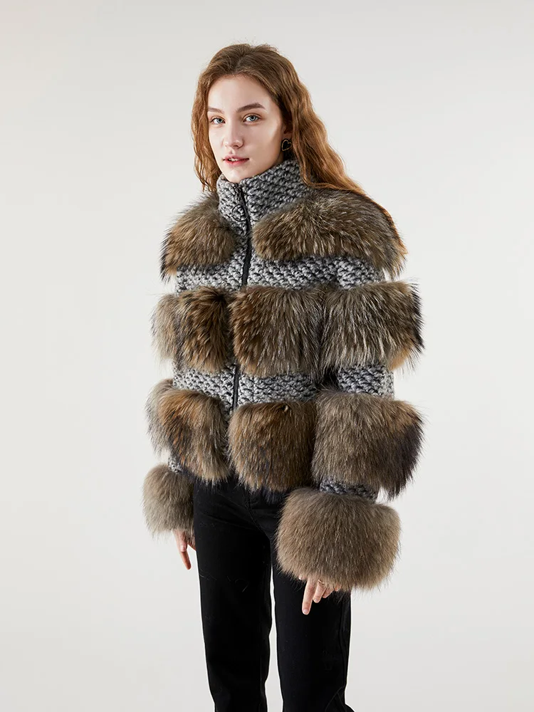 2022 Winter Jacket  Natural Raccoon Fur Wool Weave Fabric Women Real Silver Fox Fur Coat Warm Outerwear Streetwear enlarge
