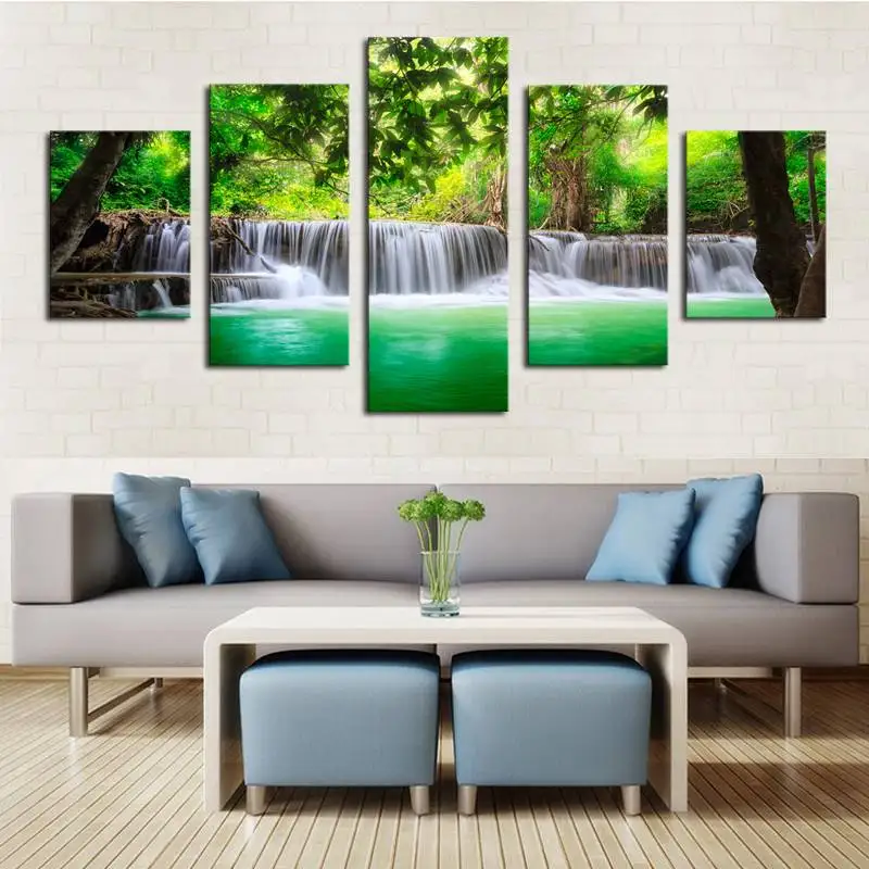 

2017 Rushed Canvas Painting Unframed 5 Panels Waterfall Canvas Print Painting Modern Wall Art For Pcture Home Decor Artwork