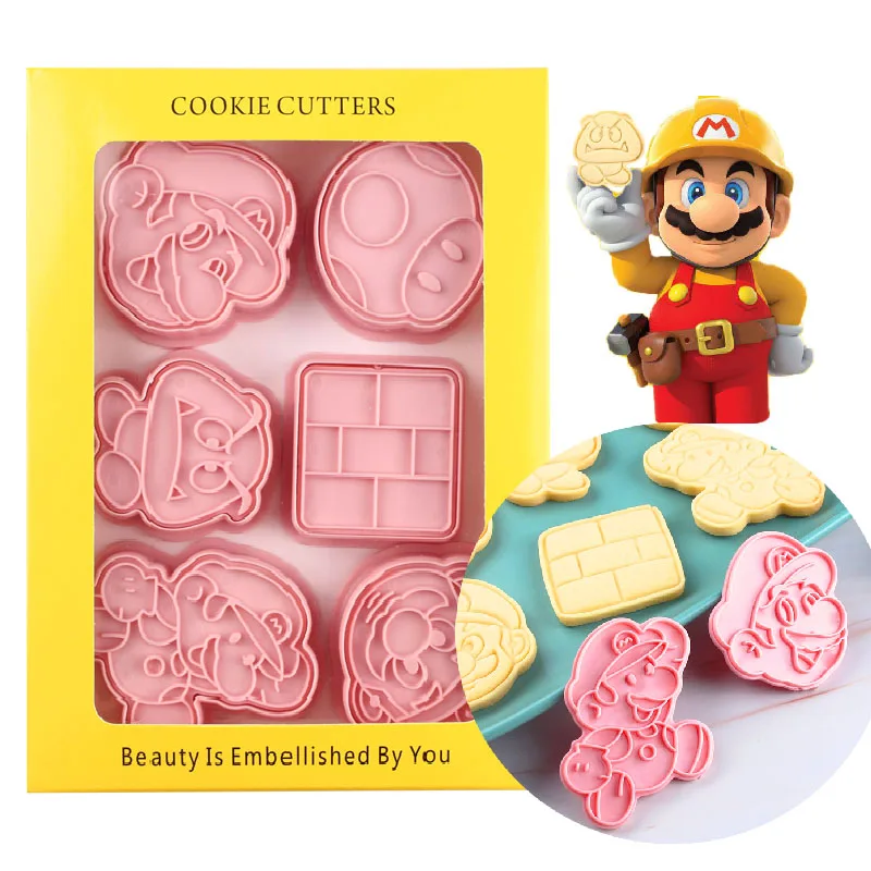 

6pcs/sets Super Mario cookie mold 3D cartoon frosting cookie fondant plastic push-type household baking mold Christmas gifts