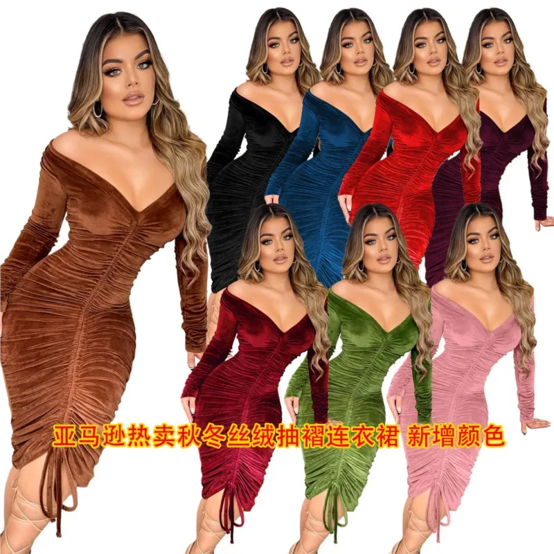 

Summer Dress Women 2023 Cover Up Beach Clothing Swim Wear Vacation Outfits Neck One Shoulder Velvet Pleated Sexy Mid Length