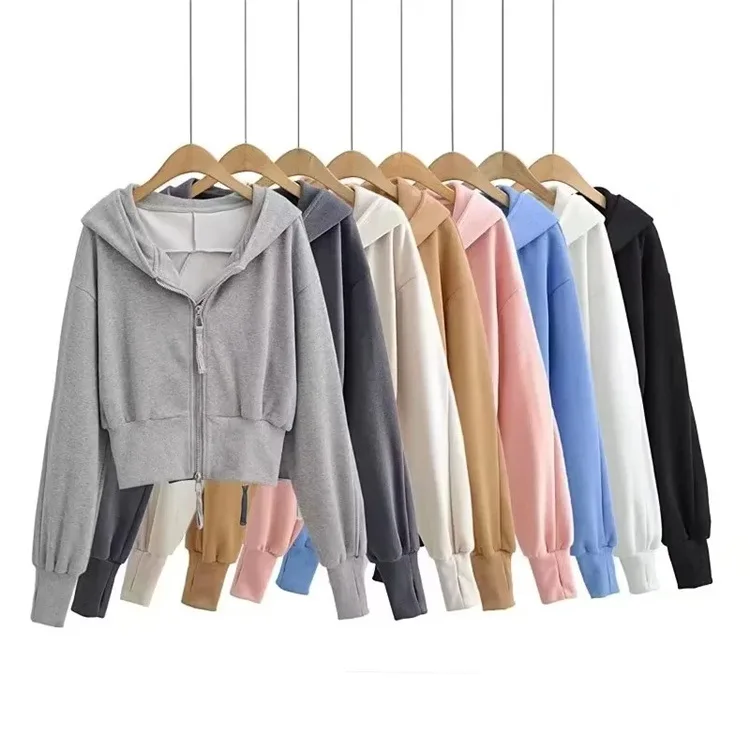 

Double Zipper Design Hooded Sweatshirts Simple Casual Women's Early Autumn New High Waist Slim Sweatshirts Tops