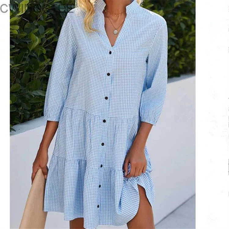 

2 Colors Summer Women's Light Blue Plaid Dress Fashion Button Up Casual Sundress Ruffled Hem Mini Dresses For Woman