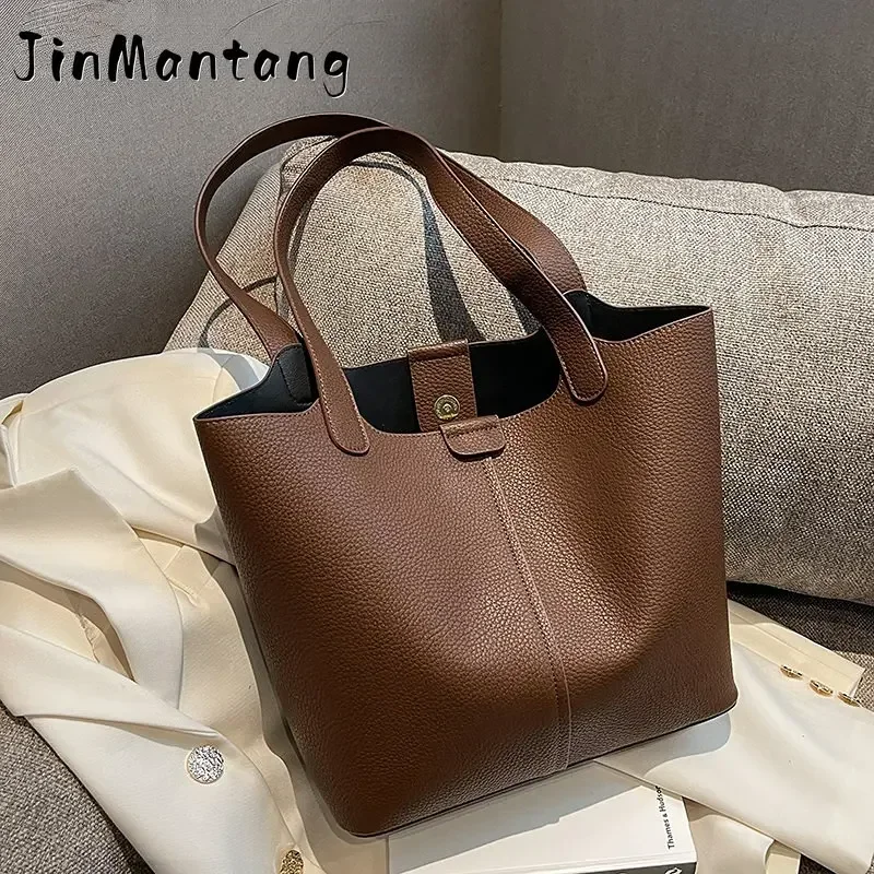 

Jin Mantang High Capacity Leather Shoulder Side Bags for Women Winter 2022 Vintage Bucket Lady Designer Handbags and Purses