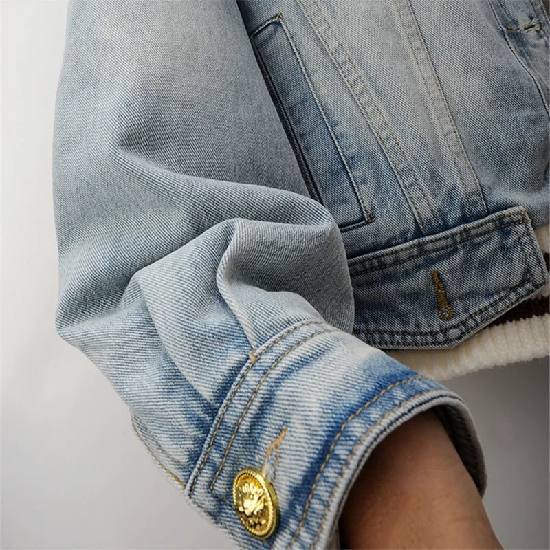 Зимняя хлопковая джинсовая куртка с большим лисьим меховым воротником женская