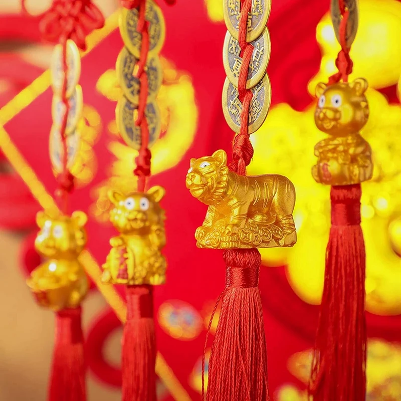 8 PCS Chinese Knot Tassel Hanging Pendant 2022 New Year Tiger Feng Shui Coins Lucky Charm Decoration For Home Office | Дом и сад