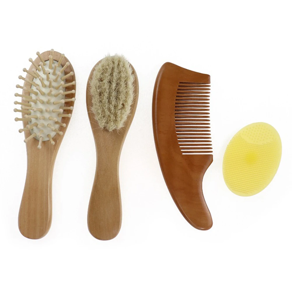 

4pcs Wooden Baby Hair Brush and Comb Set Natural Goat Bristles for Newborn Healthy Paddle Cushion Hair Loss Massage Brush Hairbr