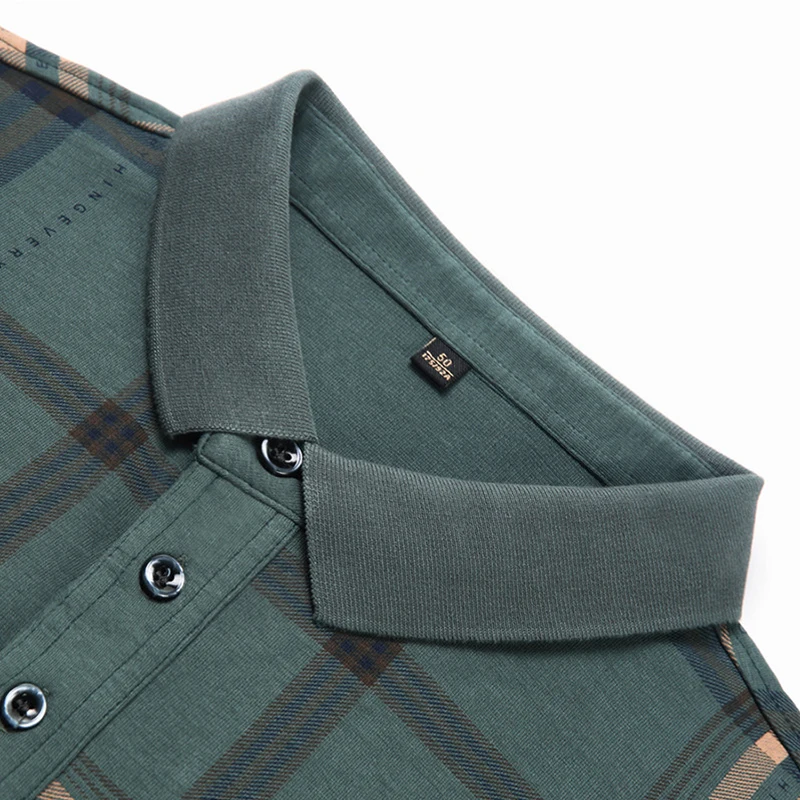 Мужская хлопковая рубашка-поло в клетку с длинными рукавами отложным воротником