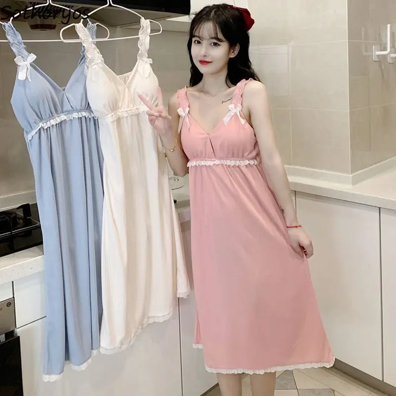 

Nightgowns Women Solid Folds Summer Simple Creativity Delicate Leisure Basics Korean Style Elegant Charming Special Home Sweet