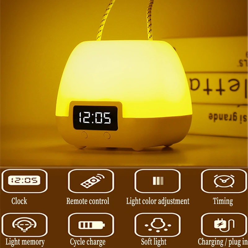 Led Clock Night Light Remote Color Brightness Adjustable Portable Kids Beside Lamp Rechargeable Mother's Night Feeding Light