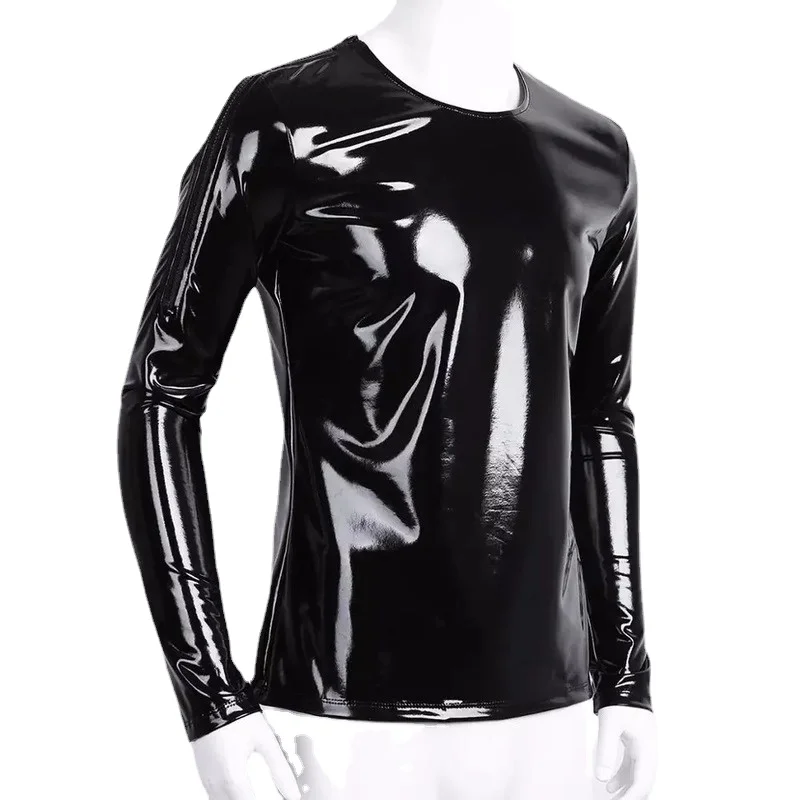 Sexy Men's PVC Leather Wet Look T-shirt Black Red Undershirt Metallic Shiny Hip Hop Clubwear Stage Costume Muscle T-Shirt Top