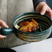 1pc japanese style 6inch ceramic fruit salad bowl home baking breakfast oven rice dinner bowl with hanlde tableware set