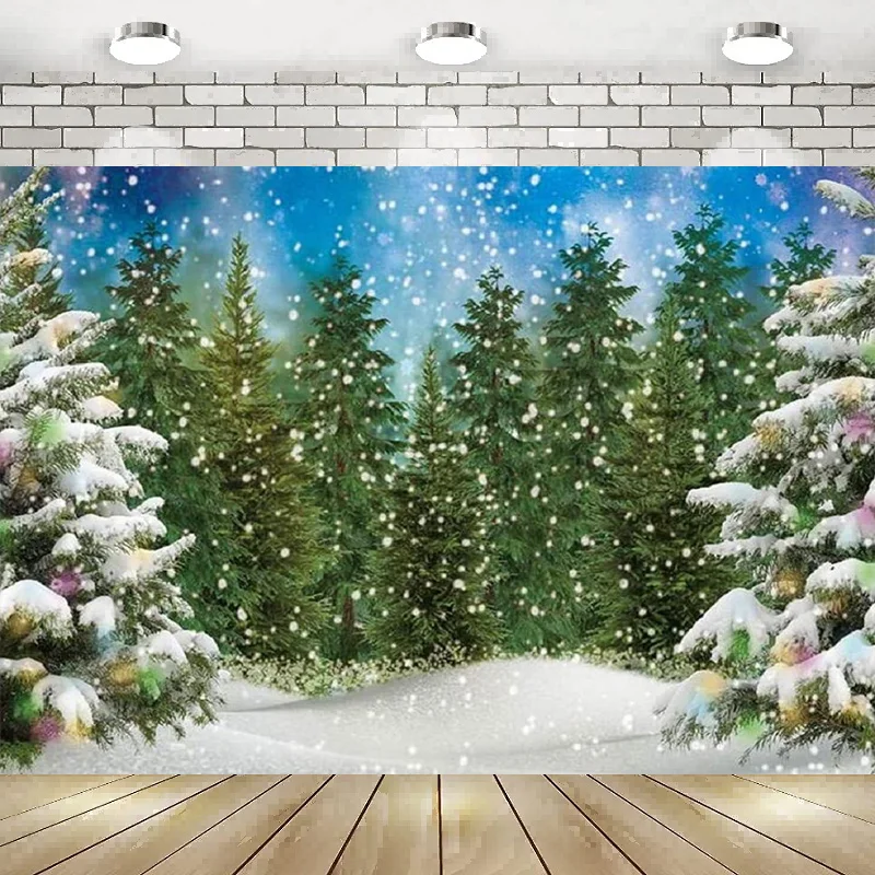 

Winter Pine Tree Forest Photography Backdrop Snowy Christmas Background Xmas Party Wall Decor Banner Poster Baby Shower