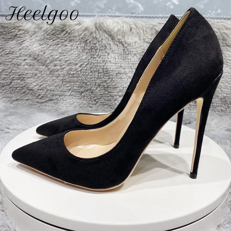 

Heelgoo Women Flock Pointy Toe High Heel Shoes 8cm 10cm 12cm Elegant OL Comfortable Stiletto Pumps Size 33 45 46 Black Red Pink