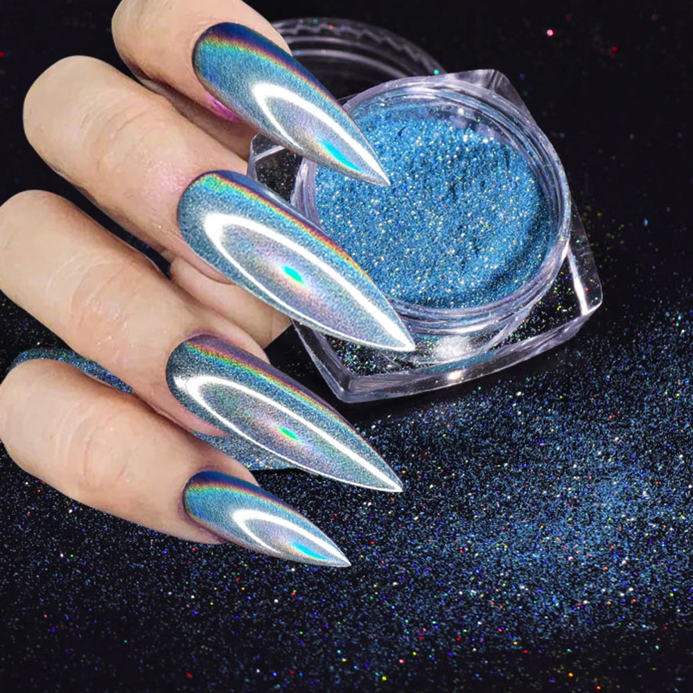

Multi-Color Holographic Rubbing Nail Powder Chrome Silver Grey Dust Mirror Powder Pigment Glitter For Nails Art Decoration FT179