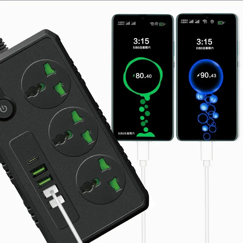 UE Reino Unido Estados Unidos Plug Power Strip com 4 USB 1 Type-C Port 2M Cabo de Extensão Protetor Sobrecarga Surto Universal Multi Tomada