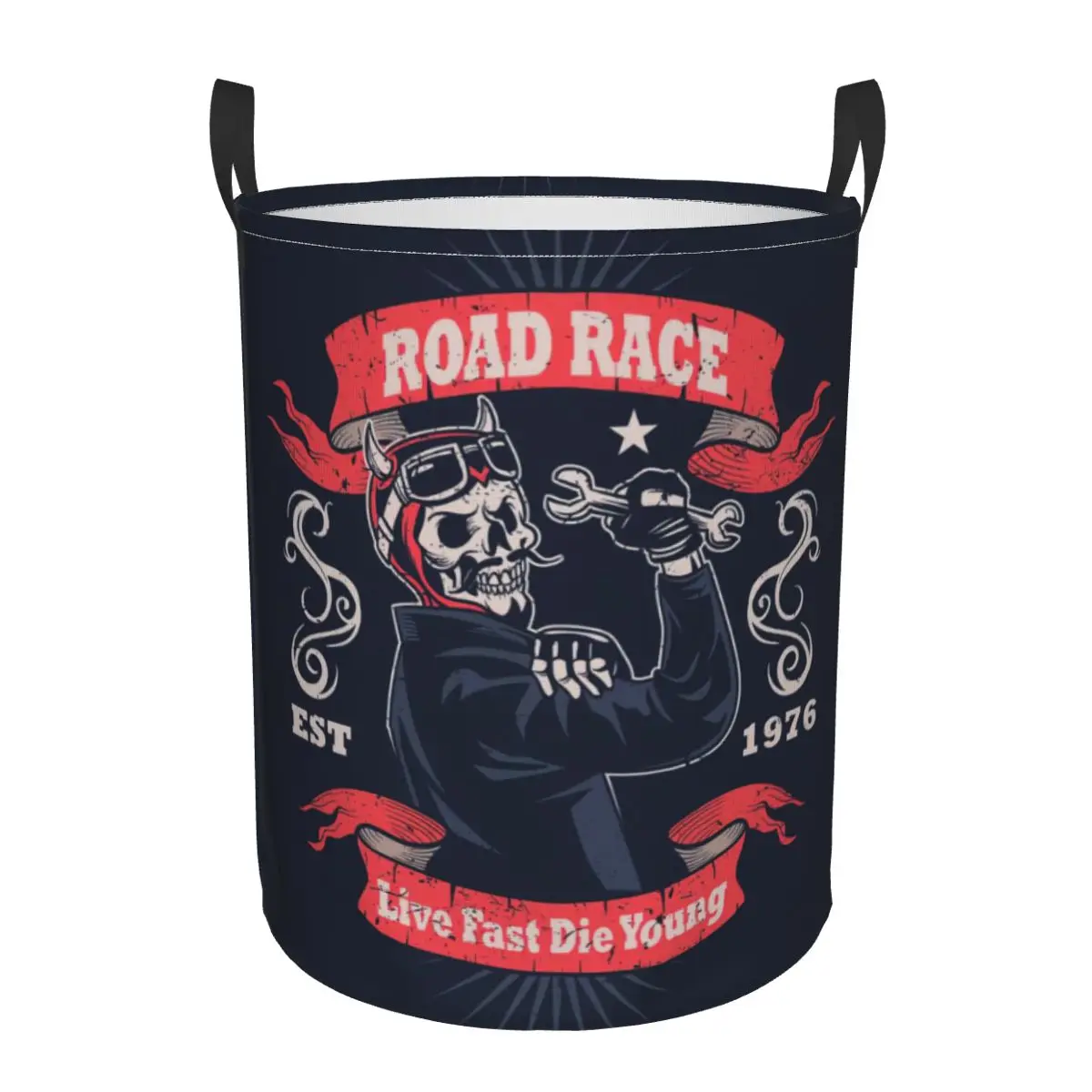

Skull Vintage Motorcycle Emblem Dirty Laundry Basket Waterproof Home Organizer Basket Clothing Kids Toy Storage Basket