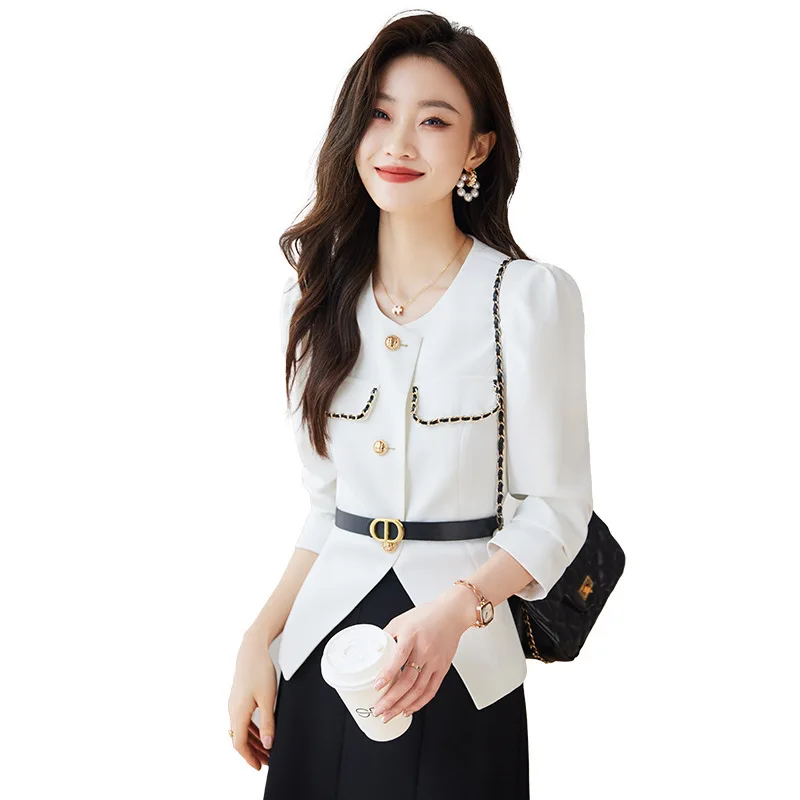 

White Fashion Suit Coat Women's Spring Autumn Short 2023 New Spring V-Neck Slim Fit Casual Blazers