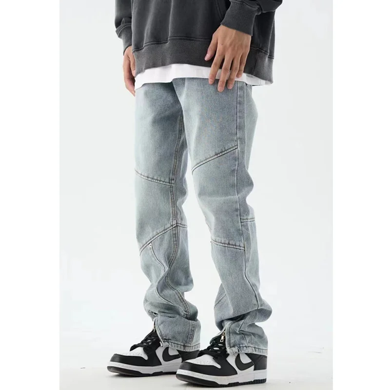 Streetwear Men American Style High Street Pants Leg Zipper Deconstructed Splicing Jeans New Versatile Casual Pants Autumn Female