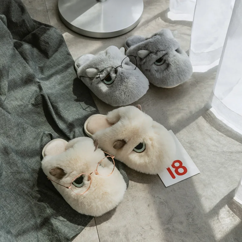 Autumn And Winter Warm Slippers Indoor Animal Cute Plush Home Slippers Couple Shoes Fleece Flat Shoes Confinement Shoes
