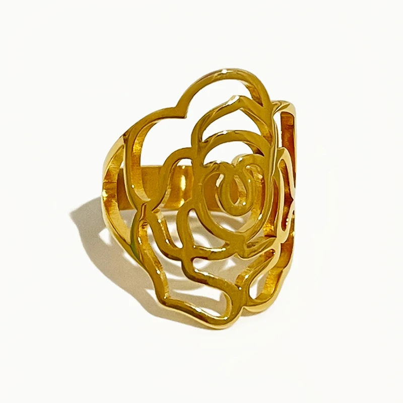

Peri'sBox Timeless Gold Color Hollow Camellia Flower Ring for Women Pvd Plated Stainless Steel Elegant Finger Rings Waterproof