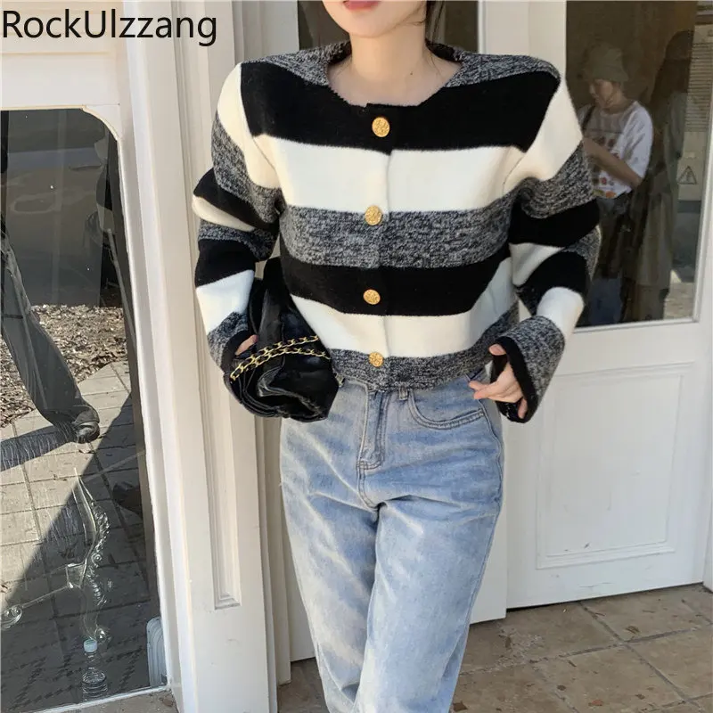 

Round Neck Striped Colorblock Knit Button Up Cardigan Sweater Coat Slim Knitted Jumper Elegant Crop Top Fashion y2k Outfit Korea