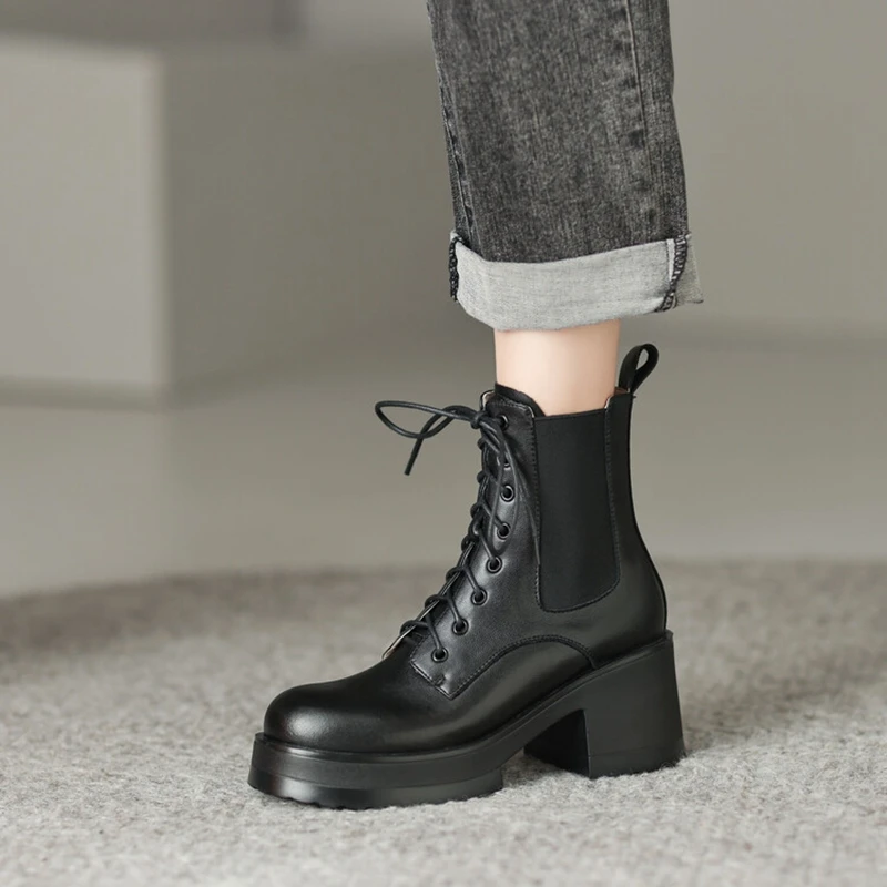 NEW Autumn Boots Women Genuine Leather Round Toe Platform Boots Height Increasing Lace-up Casual Boots Solid Short Boots Women