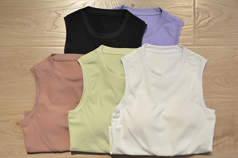 Lulusolid Yoga Vest Ribbed Stretchy Padded Sport Bra Women Fitness Sleeveless Breathable Athletic Shirts Gym Running Active Wear